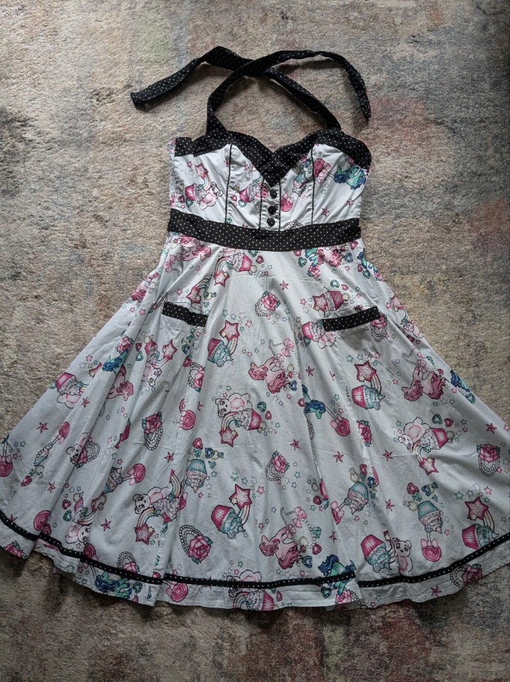Hell Bunny White Retro Halter Midi Dress with Pink & Teal Print